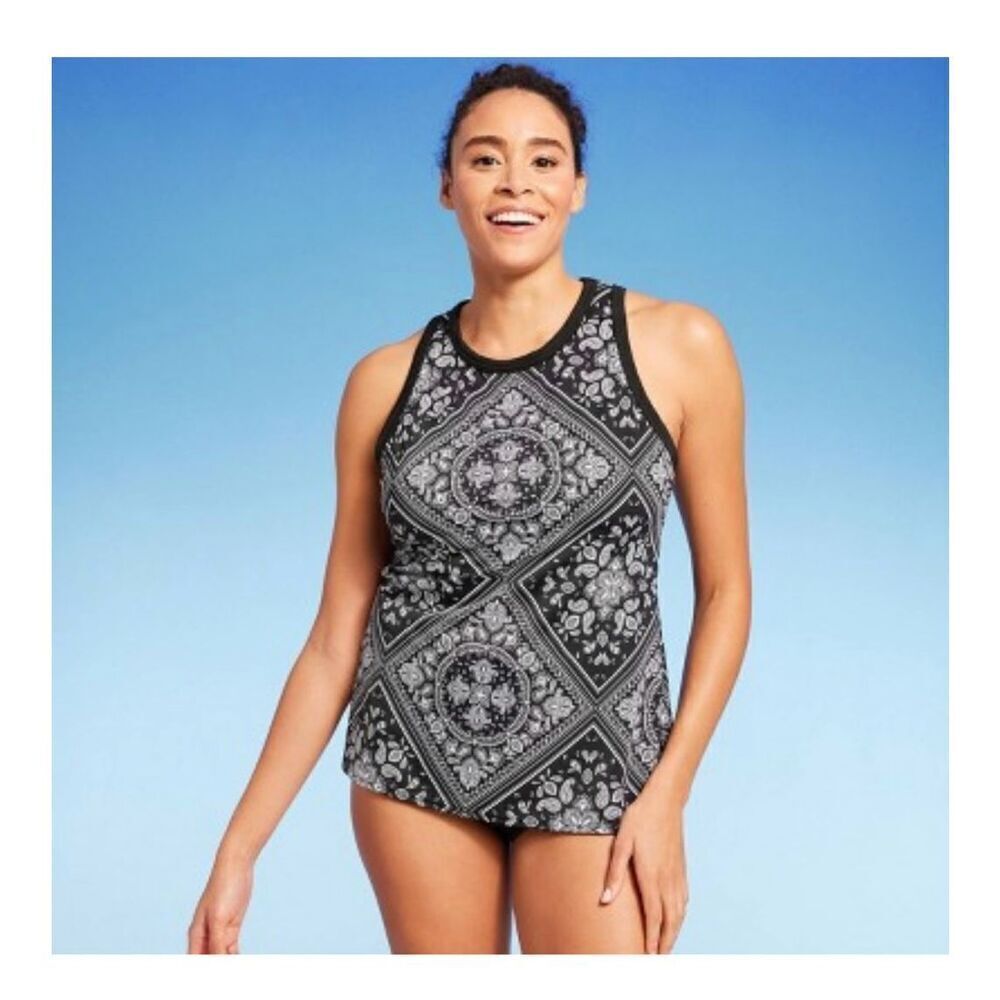 🌸 Lands End Black and White Bandana Tankini Top With Padding Size XS